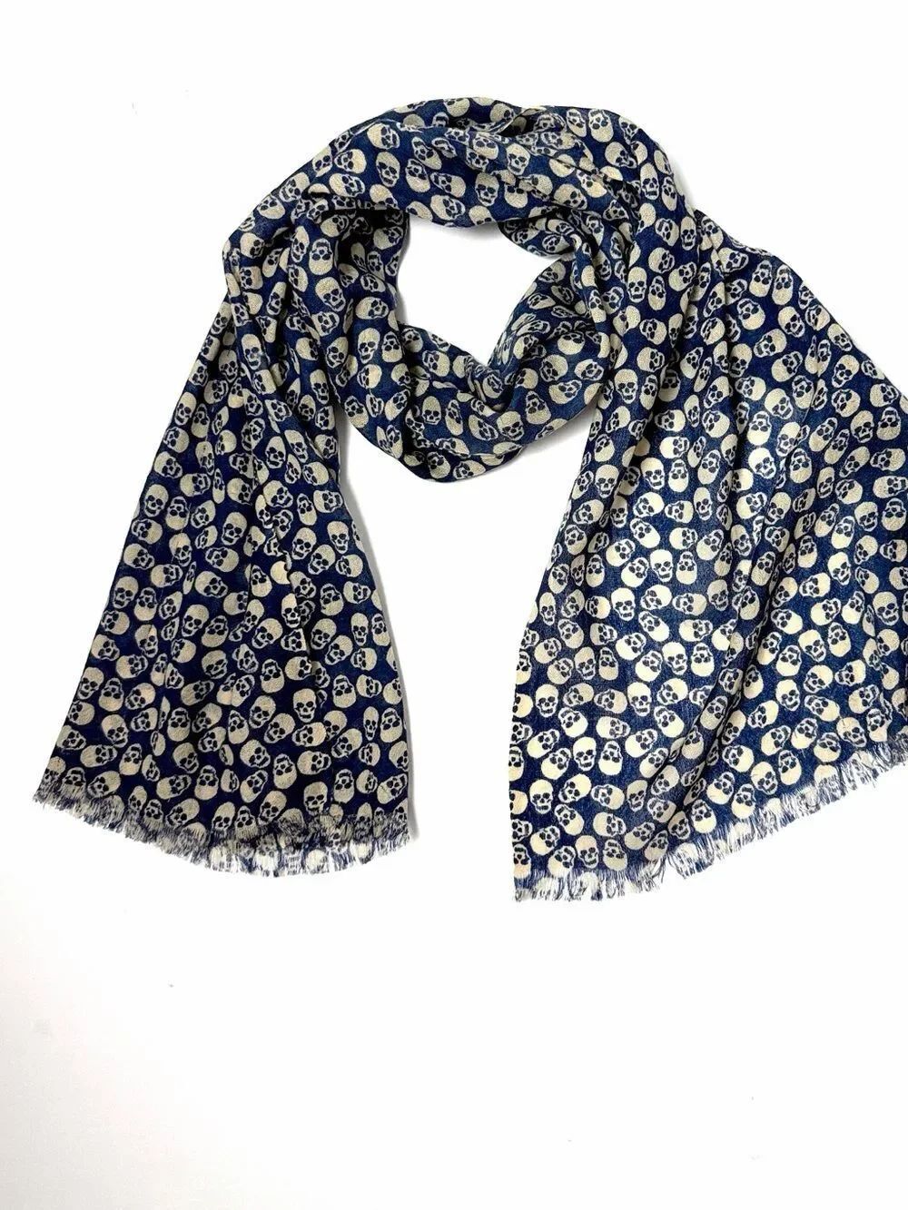 Aqua Wool Lightweight Oblong Scarf Blue Ivory All-over Skull Print Men's Women's
